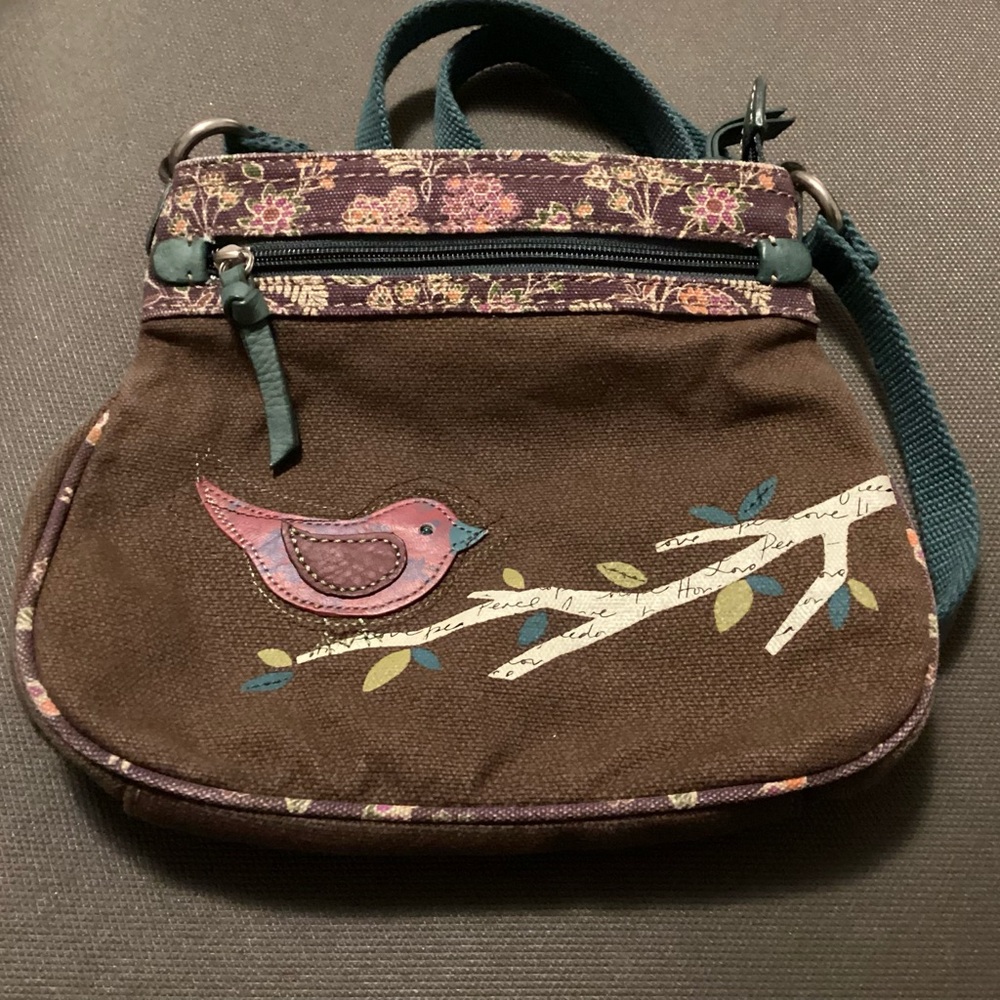 Fossil Brown Crossbody Bag with Bird and Floral Design
